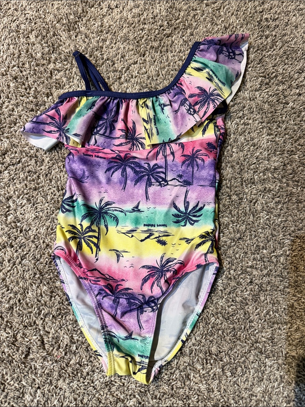 Girls One-Shoulder Ruffle Tropical Stripe Swimsuit - Multi-Color